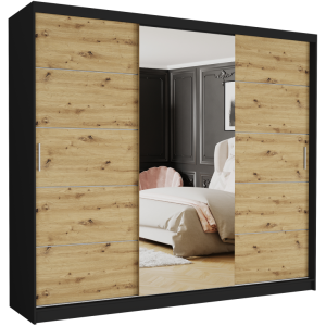 Duża szafa przesuwna z lustrem 250 x 218 x 60 cm dąb artisan mix czarna - NORVIO I
