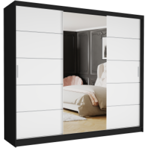 Szafa przesuwna Norvio I 250 cm czarna z lustrem 3-drzwi białe srebrne szprosy