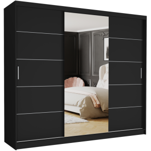 Szafa przesuwna Norvio I 250 cm czarna z lustrem 3-drzwi czarne srebrne szprosy