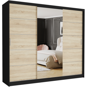 Szafa przesuwna Norvio I 250cm czarna z lustrem 3-drzwi sonoma srebrne szprosy