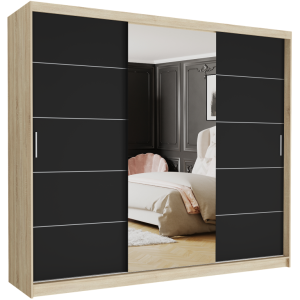 Szafa przesuwna Norvio I 250 cm sonoma z lustrem 3-drzwi czarne srebrne szprosy