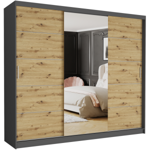 Szafa przesuwna Norvio I 250 cm antracyt z lustrem 3-drzwi artisan  srebrne szprosy
