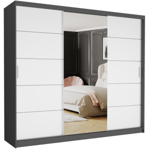 Szafa przesuwna Norvio I 250 cm antracyt z lustrem 3-drzwi białe srebrne szprosy