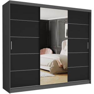 Szafa przesuwna Norvio I 250 cm antracyt z lustrem 3-drzwi czarne  srebrne szprosy
