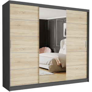 Szafa przesuwna Norvio I 250 cm antracyt z lustrem 3-drzwi sonoma srebrne szprosy