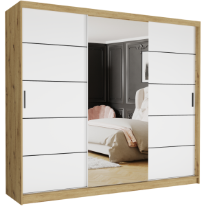 Szafa z dużą ilością półek 250 x 218 x 60 cm z lustrem biała mix  dąb artisan - NARVIO II