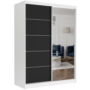 Szafa przesuwna Rivano I C 150 cm biała z lustrem 2-drzwi czarne srebrne szprosy