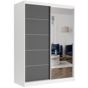 Szafa przesuwna Rivano I 150 cm biała z lustrem 2-drzwi antracyt srebrne szprosy