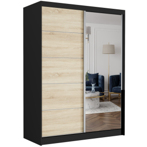 Szafa przesuwna Rivano I 150 cm czarna z lustrem 2-drzwi sonoma srebrne szprosy