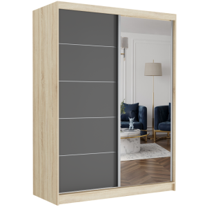 Szafa przesuwna Rivano I 150 cm sonoma z lustrem 2-drzwi antracyt srebrne szprosy