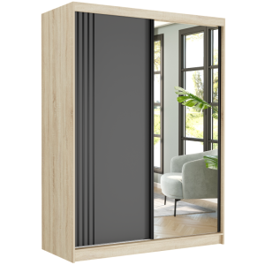 Szafa przesuwna Rivano V 150 cm sonoma z lustrem 2-drzwi antracyt czarne szprosy
