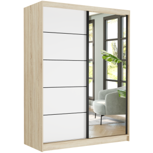 Szafa przesuwna Rivano VI 150 cm sonoma z lustrem 2-drzwi białe czarne szprosy