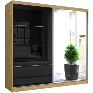 Szafa przesuwna Selvio III 233cm artisan z lustrem 2-drzwi czarny półpołysk srebrne szprosy