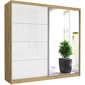 Szafa przesuwna Selvio IV 233 cm artisan z lustrem 2-drzwi biały półpołysk srebrne szprosy