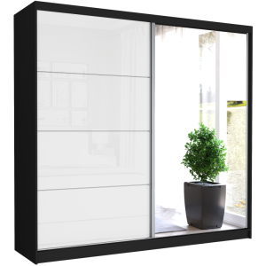 Szafa przesuwna Selvio IV 233 cm czarna z lustrem 2-drzwi biały półpołysk srebrne szprosy