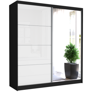 Szafa przesuwna Tivaro IV 203 cm czarna z lustrem 2-drzwi biały półpołysk srebrne szprosy