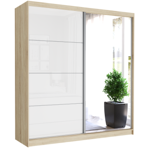Szafa przesuwna Tivaro IV 203 cm sonoma z lustrem 2-drzwi biały półpołysk srebrne szprosy