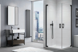 Ronal - Sanswiss Cadura 80 x80 cm wejście narożne jednoczęściowe, drzwi wahadłowe z profilem przejściowym czarne
