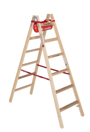 euroline Holz-Sprossenstehleiter mit Comfort-Breitsprosse und Eimerhaken