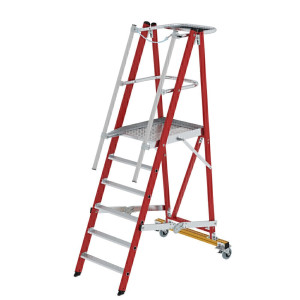 Plattformleiter GFK/Alu klappbar und fahrbar mit GFK-Handlauf