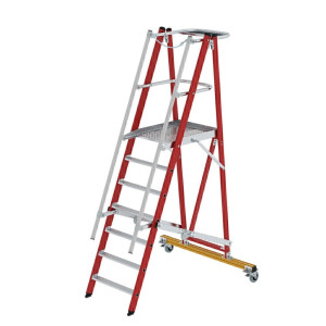 Plattformleiter GFK/Alu klappbar und fahrbar mit GFK-Handlauf