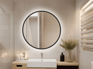 Lustro LED IZMAEL MDF - Okrągłe w czarnej drewnianej ramie - 950