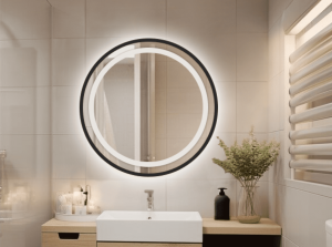 Lustro LED AMOS MDF - Okrągłe z czarną drewnianą ramą i piaskowaniem - 500