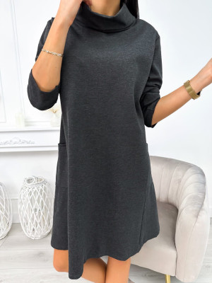Grafitowa Sukienka Oversize z Kieszeniami 11236-87-B