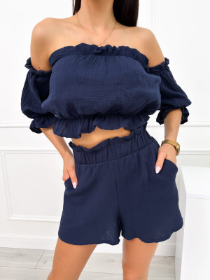 Granatowy Komplet Crop Top + Spodenki 12534-414-B