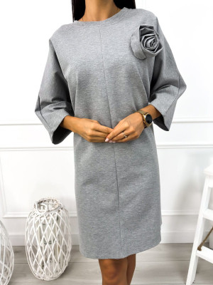 Szara Sukienka Oversize z Ozdobną Różą 12818-358-H