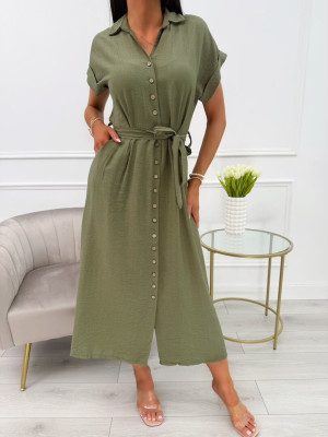 Khaki Sukienka Midi z Paskiem 13945-400-C