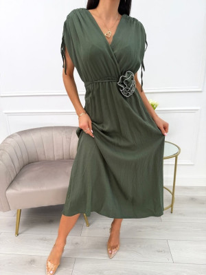 Khaki Sukienka Midi ze Ściągaczem na Ramionach 13908-274-B
