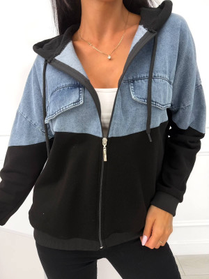 Czarna Bluza z Jeansową Wstawką i Kapturem 14113-47-A