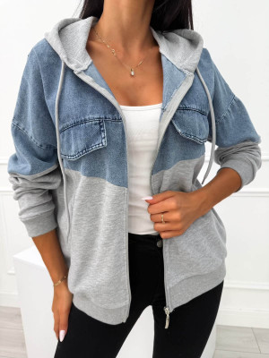 Szara Bluza z Jeansową Wstawką i Kapturem 14113-47-B