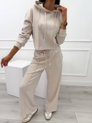 Beżowy Komplet Krótka Bluza + Spodnie Wide Leg 14214-217-A