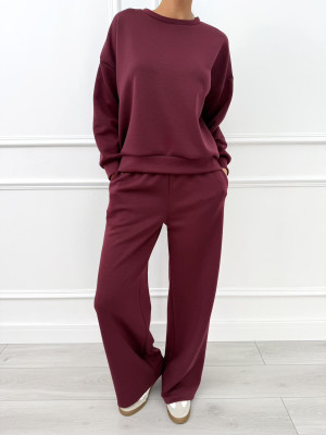 Burgundowy Komplet Bluza + Spodnie Wide Leg 14212-288-D