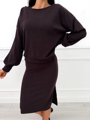 Ciemnobrązowy Sweterkowy Komplet Bluza + Sukienka 12827-254-E