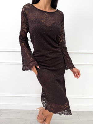 Czekoladowa Koronkowa Sukienka Plus Size z Rozszerzanymi Rękawami 14494-02-C