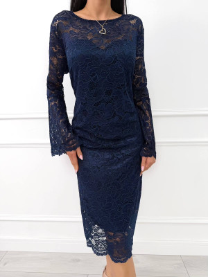 Granatowa Koronkowa Sukienka Plus Size z Rozszerzanymi Rękawami 14494-02-E