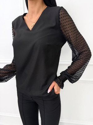 Czarna Elegancka Bluzka z Siateczkowym Rękawem 14463-65-B