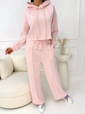 Pudrowy Komplet Krótka Bluza + Spodnie Wide Leg 14214-217-D