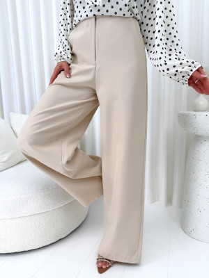 Beżowe Eleganckie Spodnie Wide Leg 14871-335-A