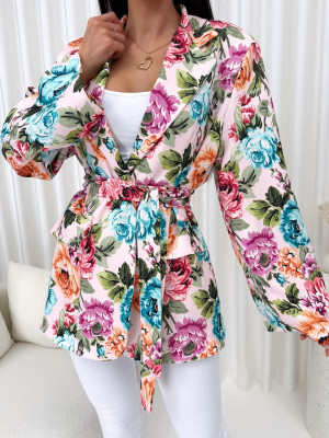 Pudrowa Marynarka Oversize w Kwiaty 14969-01-Q