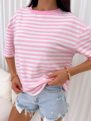 Pudrowo-Biały T-shirt w Paski 15071-263-C