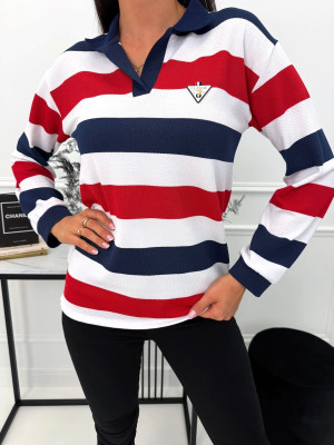 Granatowo-Czerwona Bluzka Polo w Paski 15206-76-A
