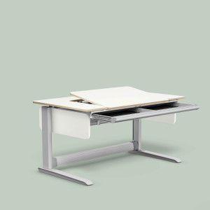 T2 (Dekor: Weiß, Schublade: mit Schublade, Höhenadapter: mit Höhenadapter (+ 5 cm Grundhöhe), Tischplattenvariante: C, Fußgestell: Silber)