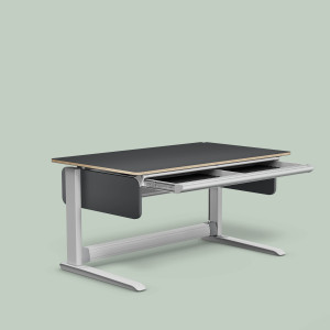 T2 (Dekor: Grau, Schublade: mit Schublade, Höhenadapter: mit Höhenadapter (+ 5 cm Grundhöhe), Tischplattenvariante: F, Fußgestell: Silber)