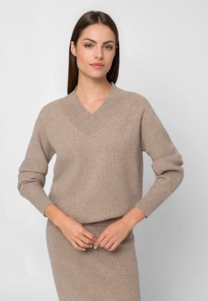 Beżowy sweter z 100% wełny z dekoltem V