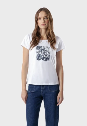 Biały t-shirt z kwiatową aplikacją