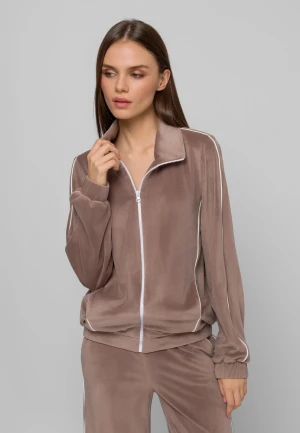 Welurowa bluza na suwak z kontrastową lamówką